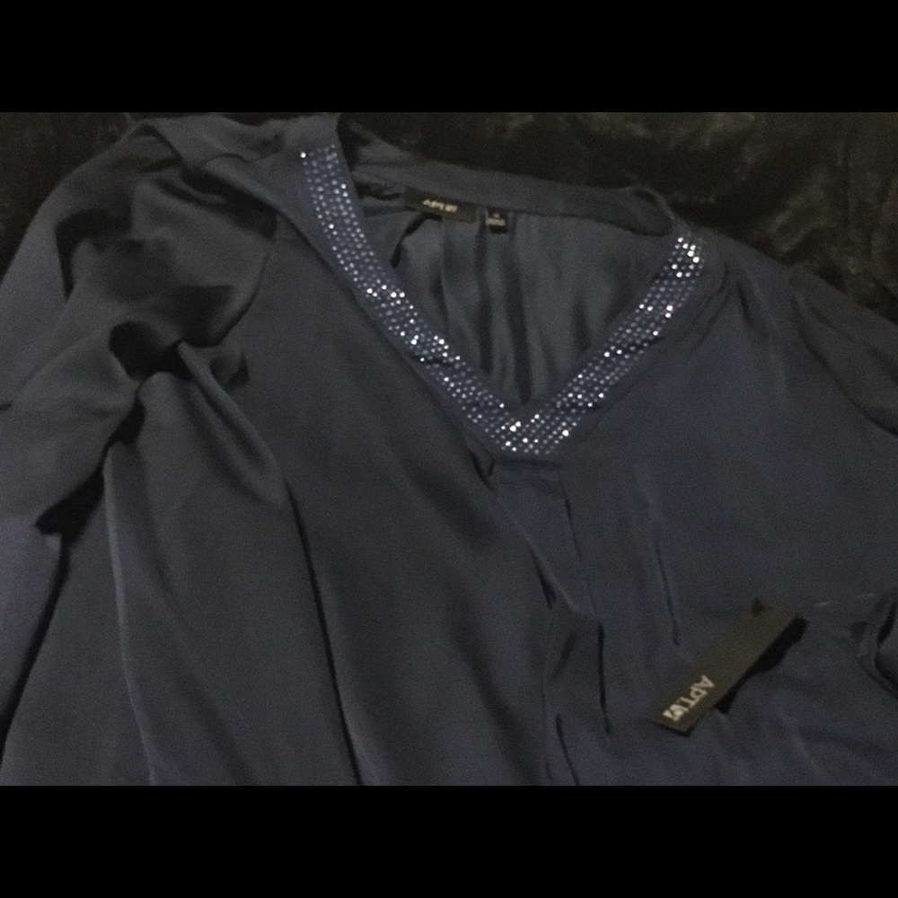 Long Sleeve blue blouse with Rhinestones